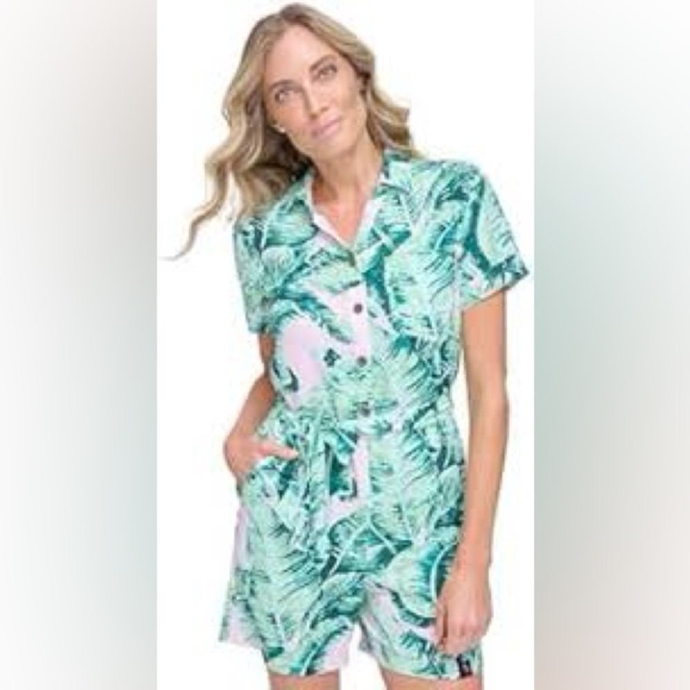 Margaritaville Island Reserve Green and Pink Banana Leaf Patterned Romper
